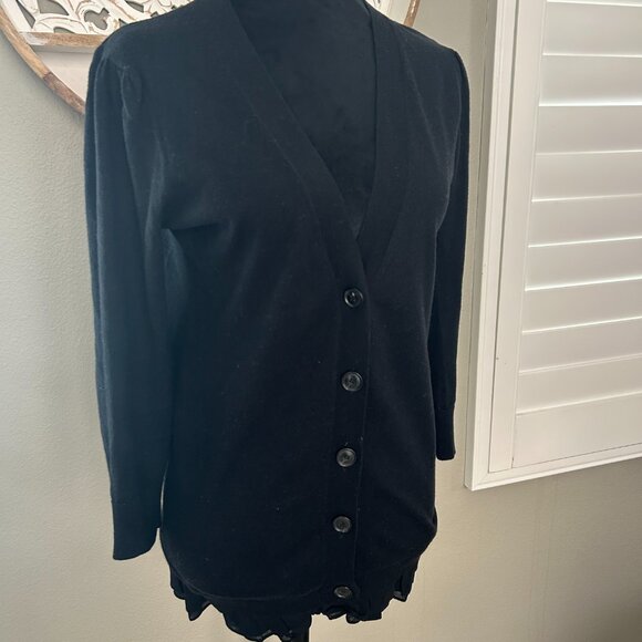 Theory Cardigan Cashmere Blend Black Button Down Ruffled Hem Sweater SZSP - Picture 4 of 9